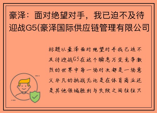 豪泽：面对绝望对手，我已迫不及待迎战G5(豪泽国际供应链管理有限公司)