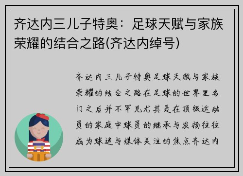 齐达内三儿子特奥：足球天赋与家族荣耀的结合之路(齐达内绰号)